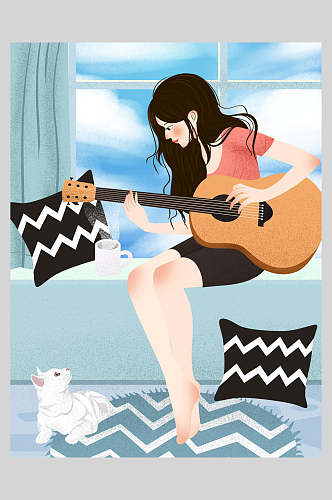 绿唯美窗台上弹吉他的女孩原创插画