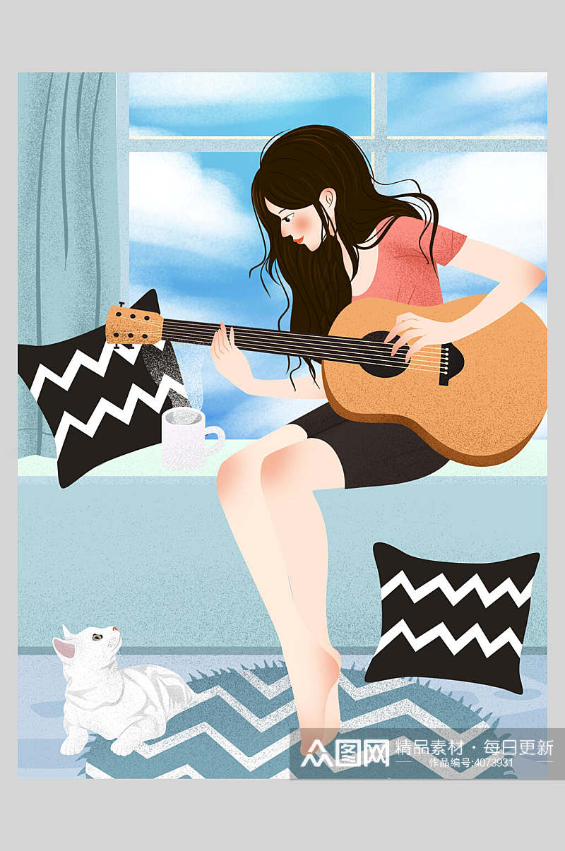绿唯美窗台上弹吉他的女孩原创插画素材