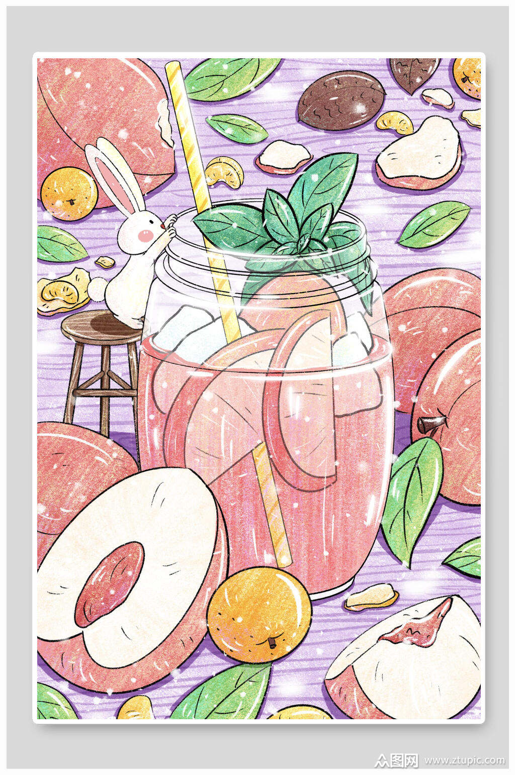 小清新手绘桃子饮品夏天唯美插画素材