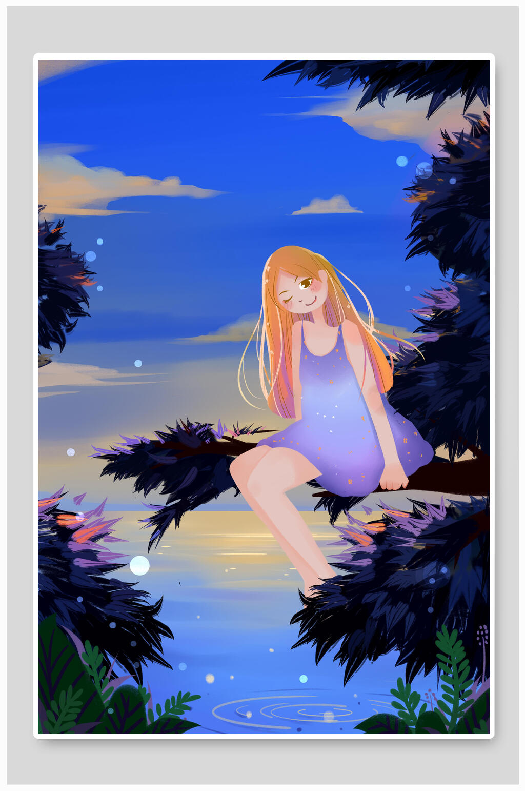 夜色女孩夏天唯美插画素材