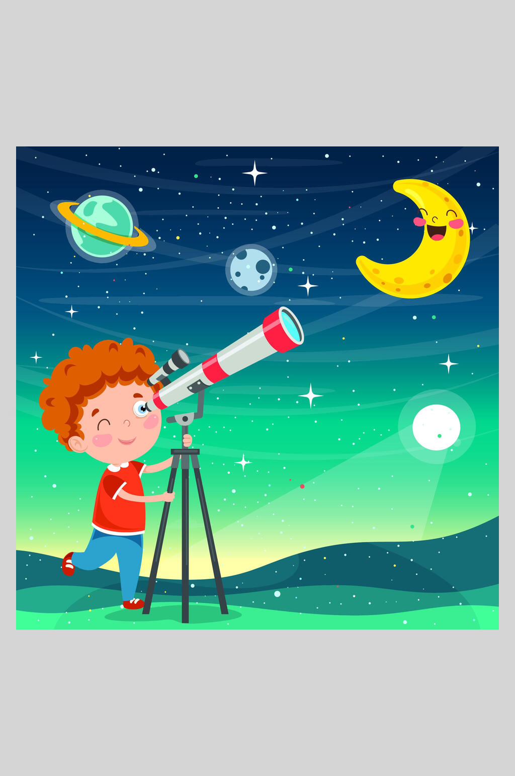 创意卡通望远镜月亮在线教育插画