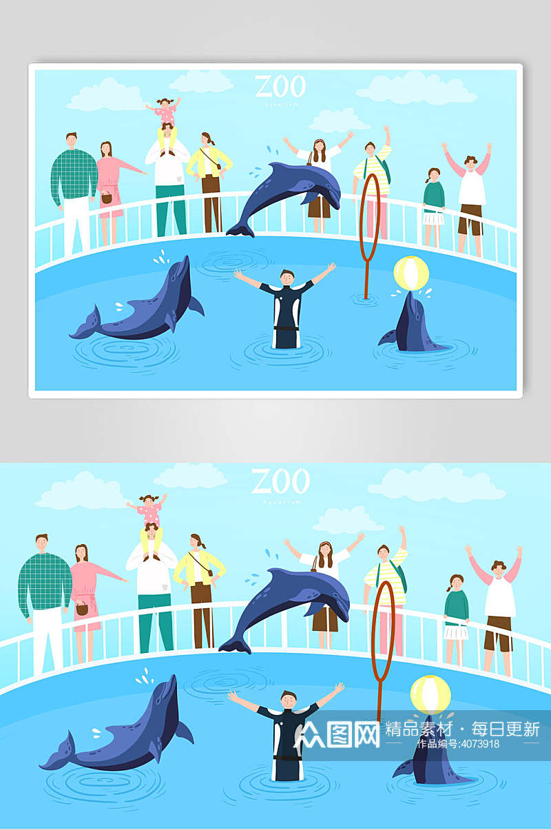 唯美鲸鱼动物园动物表演插画素材