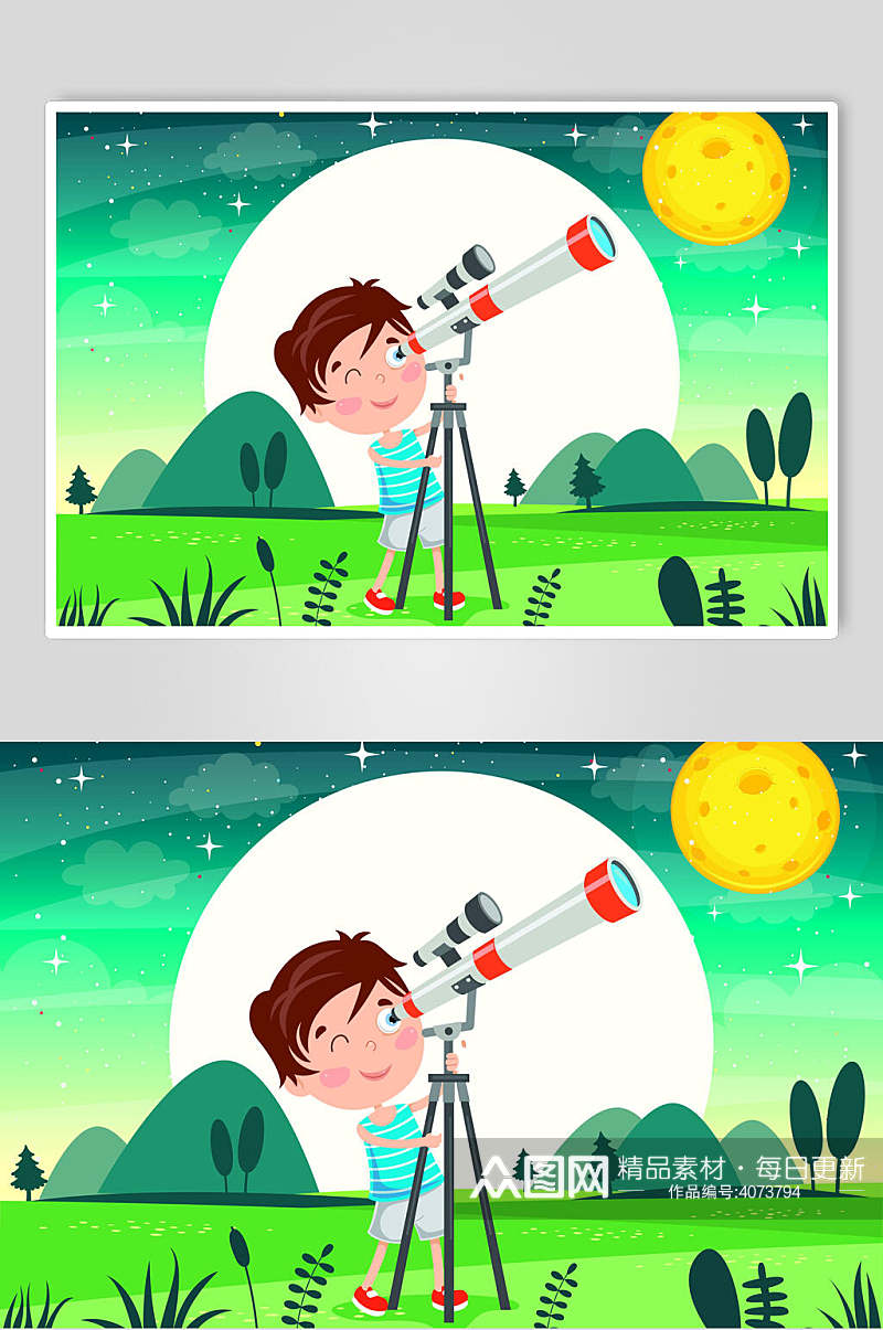 小清新月亮望远镜在线教育插画素材