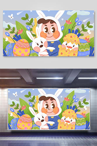 卡通兔子复活节插画