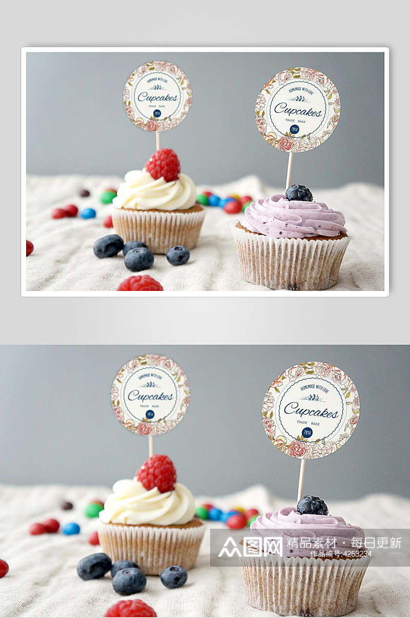 插牌蓝莓蔓越莓纸杯蛋糕糕点甜品包装样机素材