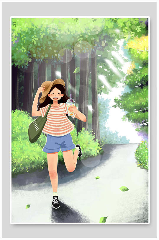 奔跑女孩夏天唯美插画