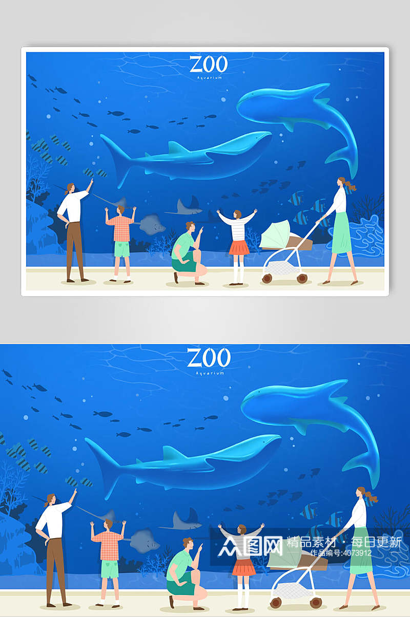 创意大气动物园鲸鱼动物表演插画素材