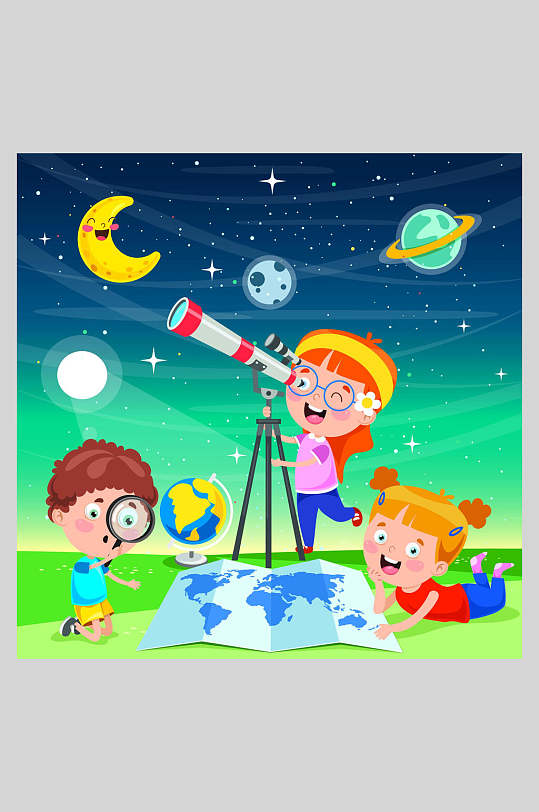 创意地图望远镜在线教育插画