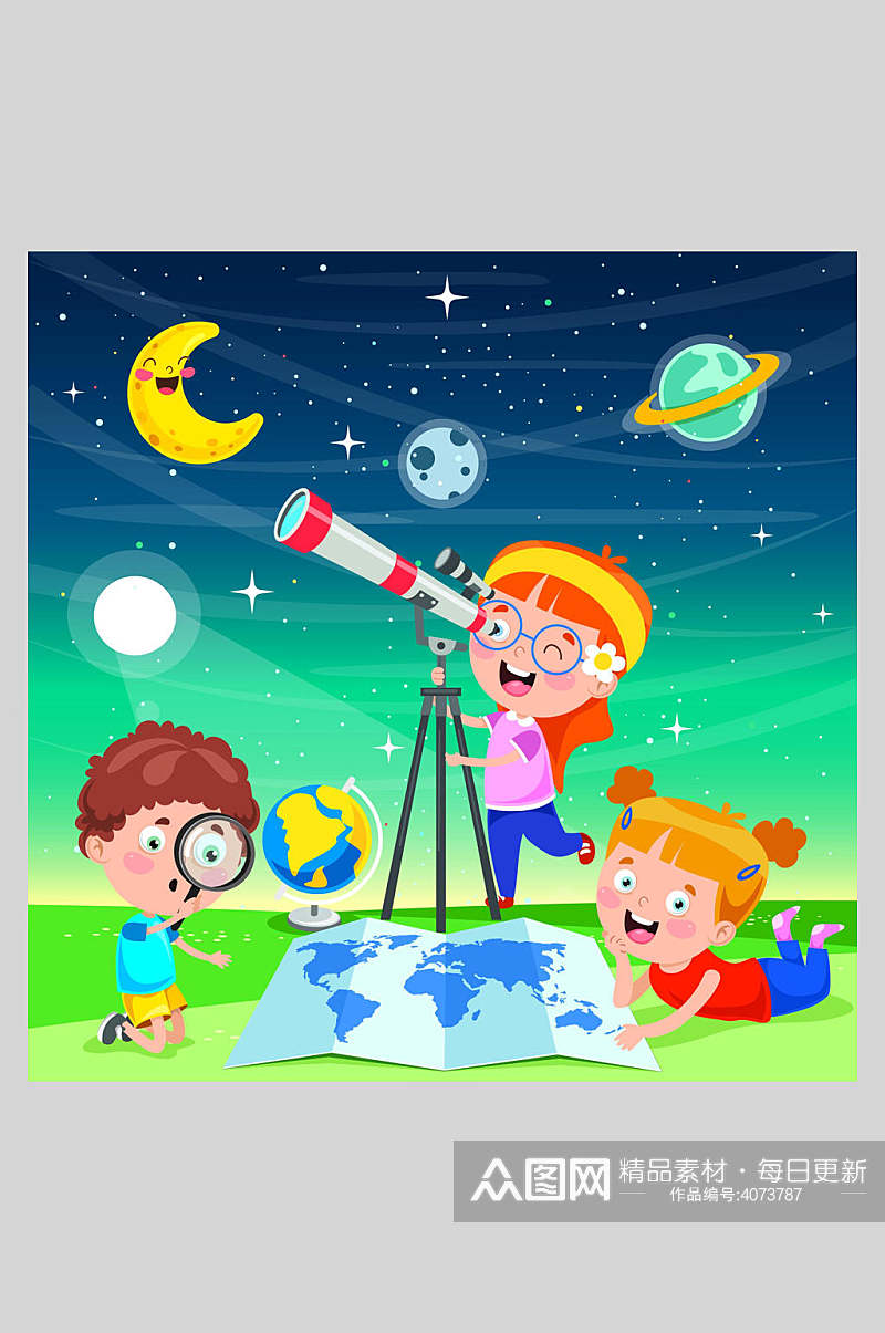 创意地图望远镜在线教育插画素材
