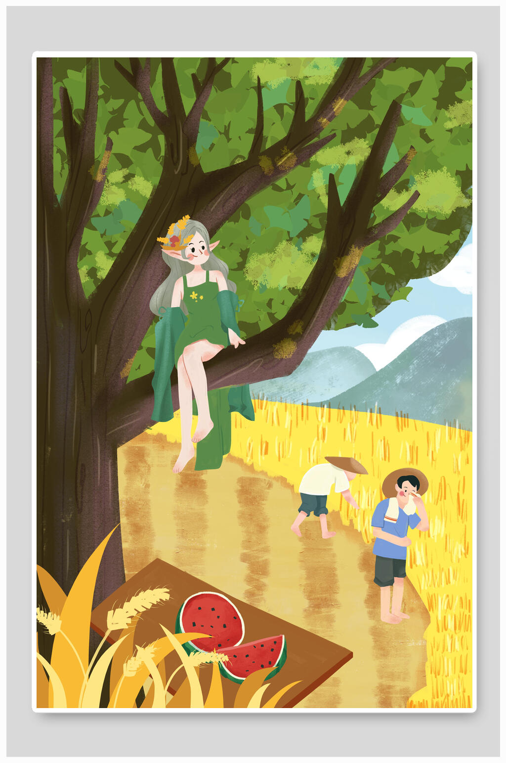 农民夏天唯美插画素材