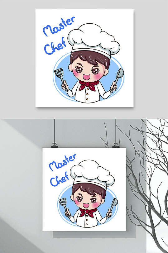手绘厨师蓝白Q版卡通职业头像素材