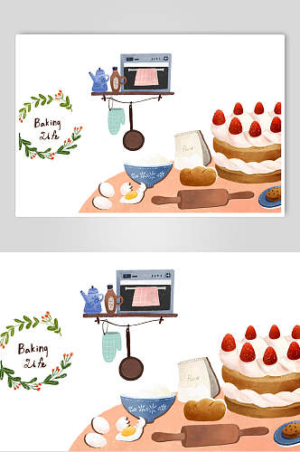 草莓蛋糕手绘蔬菜水果美食素材