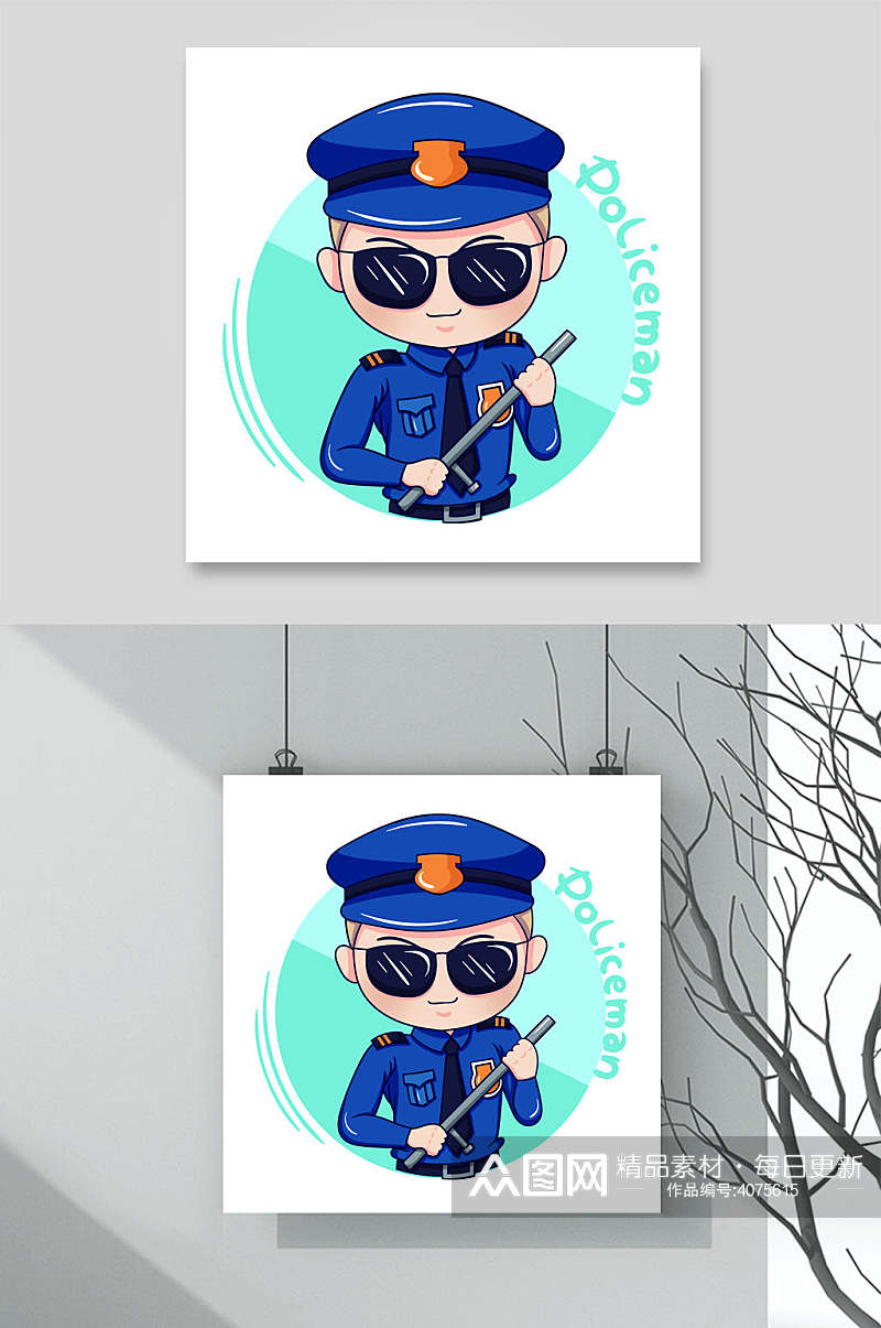 警察蓝绿可爱Q版卡通职业头像素材素材