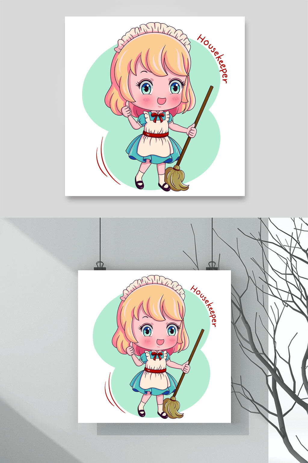 少女拖把绿色Q版卡通职业头像素材素材
