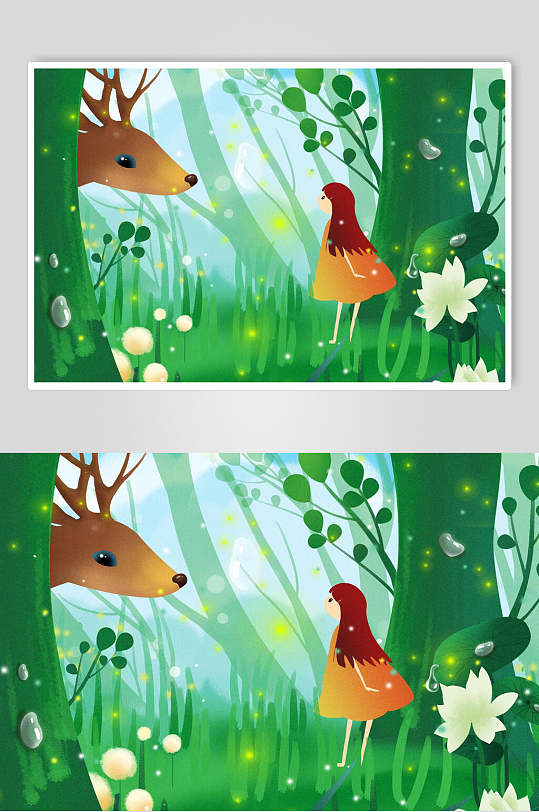 麋鹿花朵少女绿色森系野外仙境插画