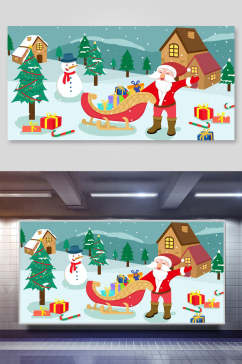 雪人房子绿红素雅高端圣诞节插画