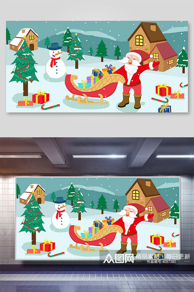 雪人房子绿红素雅高端圣诞节插画素材