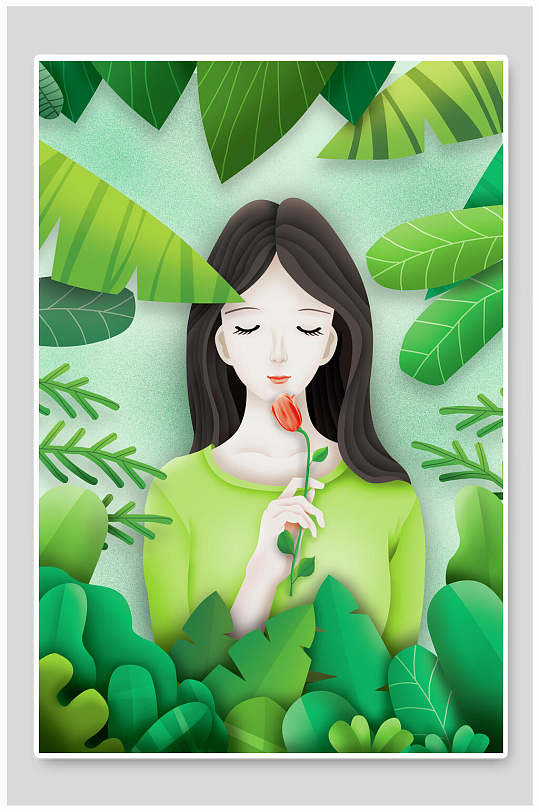 少女叶子素雅绿色森系野外仙境插画