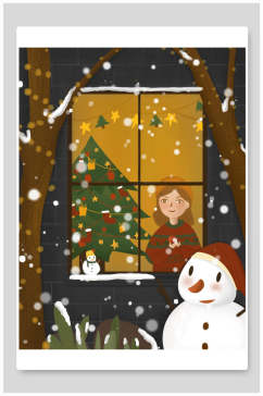 雪人树木窗户素雅高端圣诞节插画