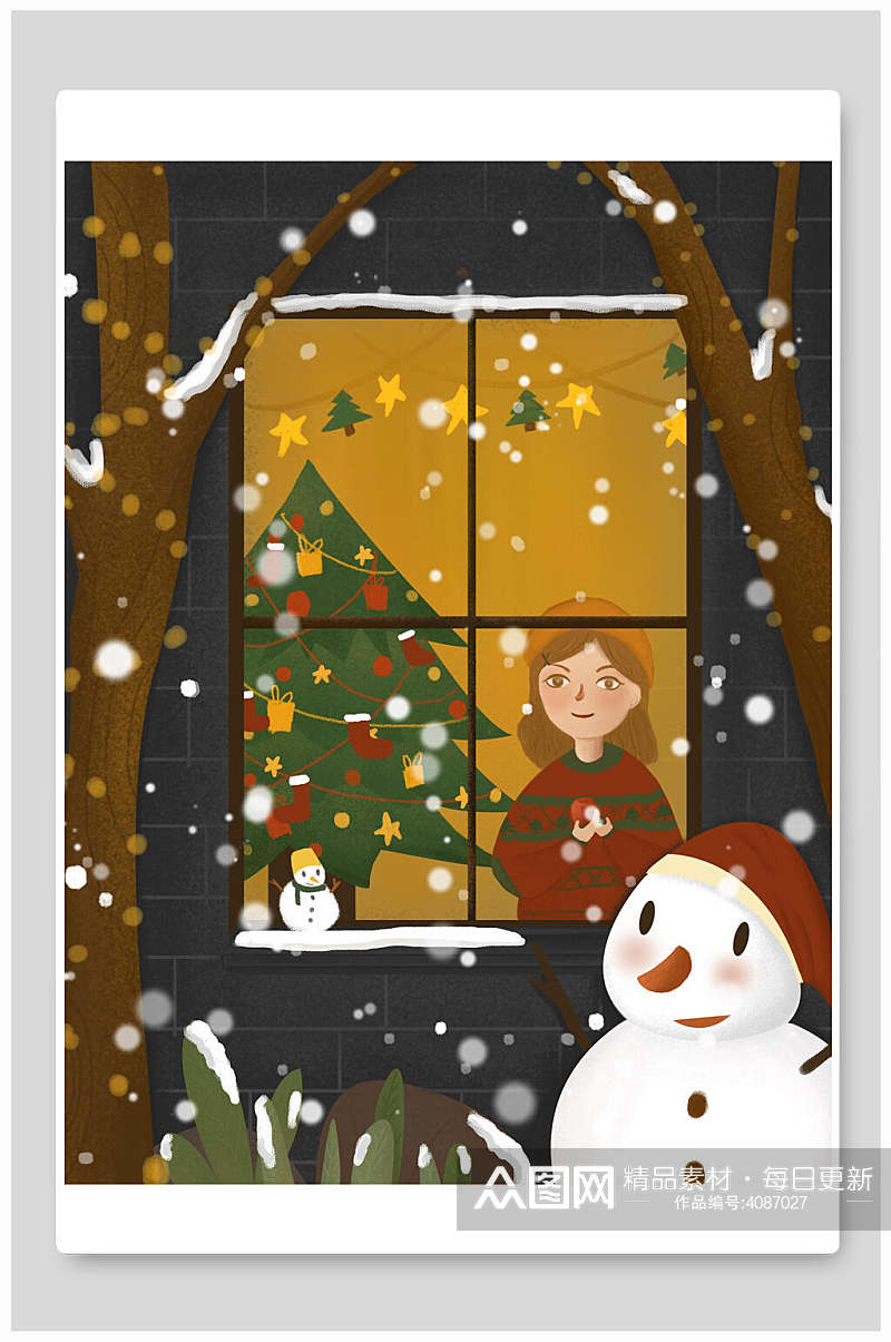 雪人树木窗户素雅高端圣诞节插画素材