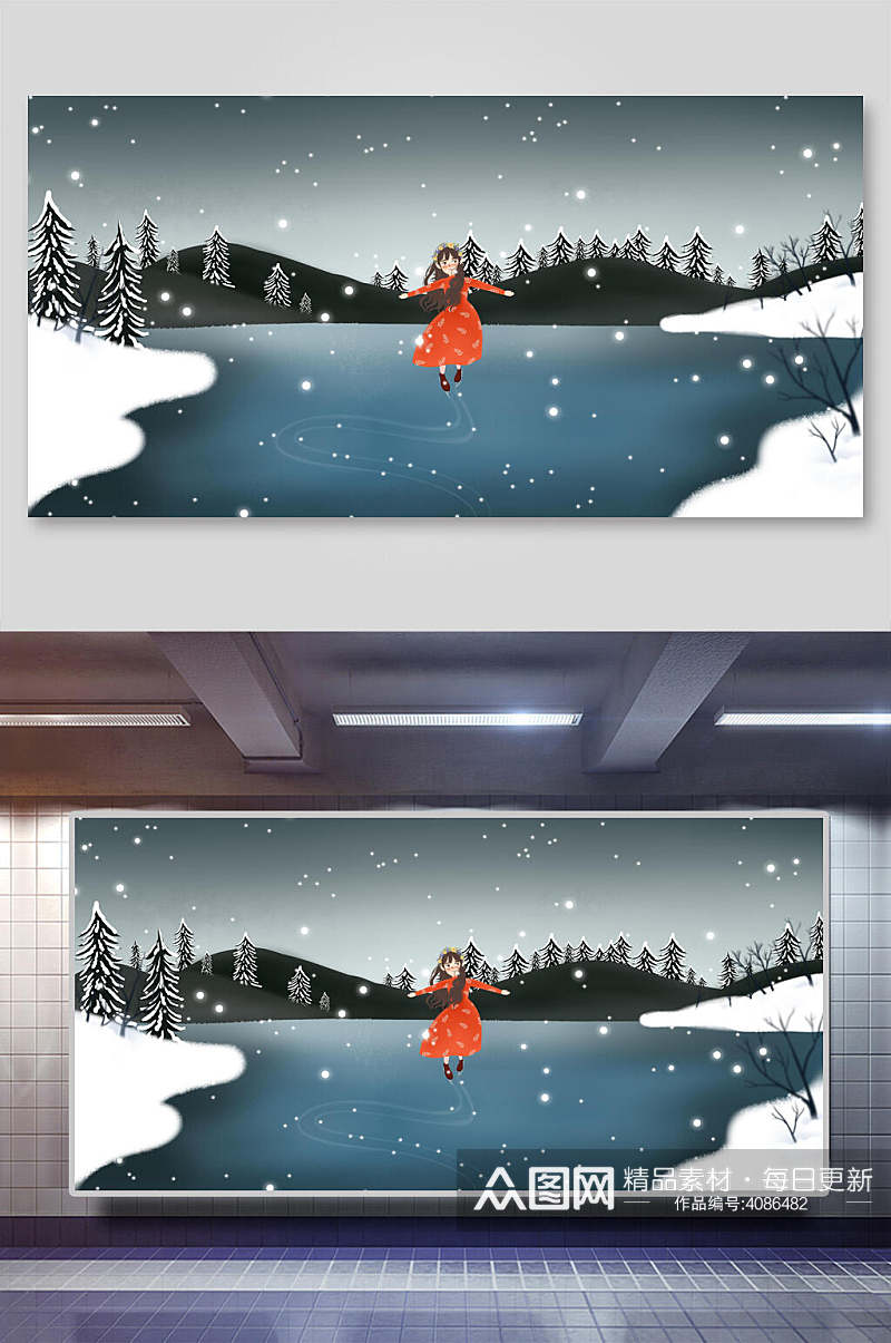 滑雪蓝白素雅高端森系野外仙境插画素材
