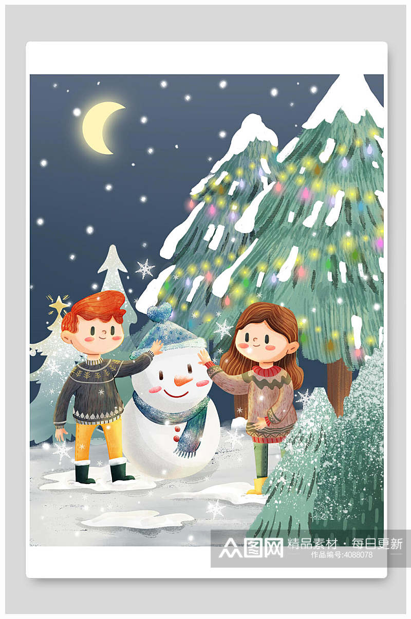 月光雪人树木素雅创意圣诞节插画素材