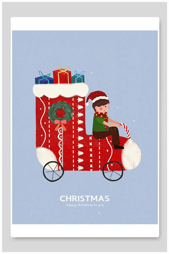 袜子单车素雅高端蓝红色圣诞节插画