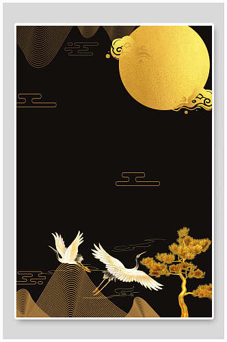 仙鹤树木月光黑金色中秋节烫金背景