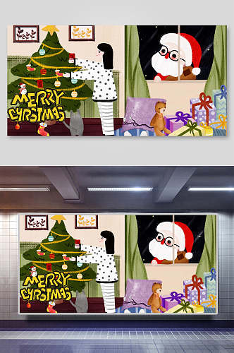 树木窗户清新素雅手绘圣诞节插画