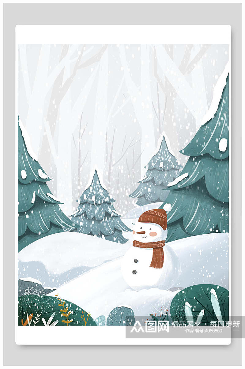 时尚树木蓝色雪人素雅圣诞节插画素材
