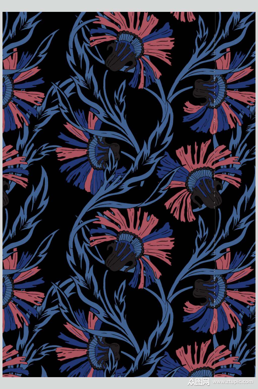 黑色花朵古典印花图案素材模板下载-编号4092329-众图网