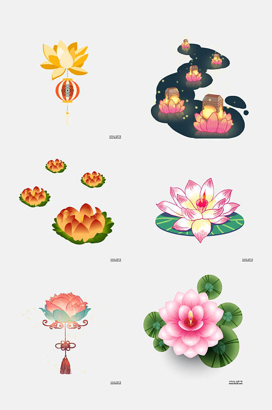流水中秋节莲花灯手绘免抠素材