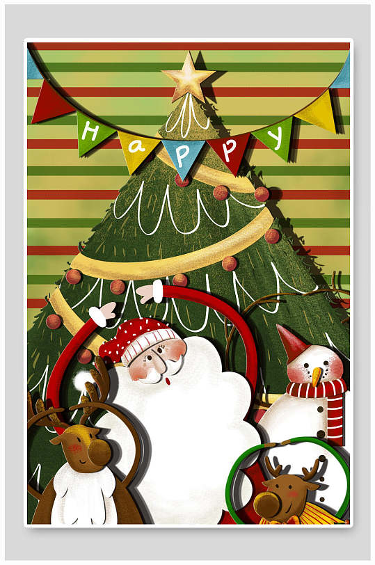 麋鹿线条素雅高端树木圣诞节插画