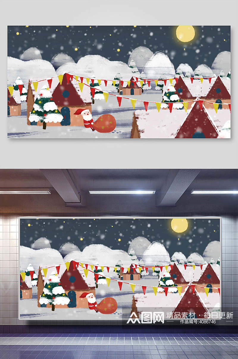 房子月光素雅高端清新圣诞节插画素材