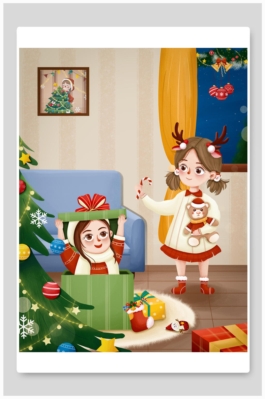 树木唯美素雅创意清新圣诞节插画素材