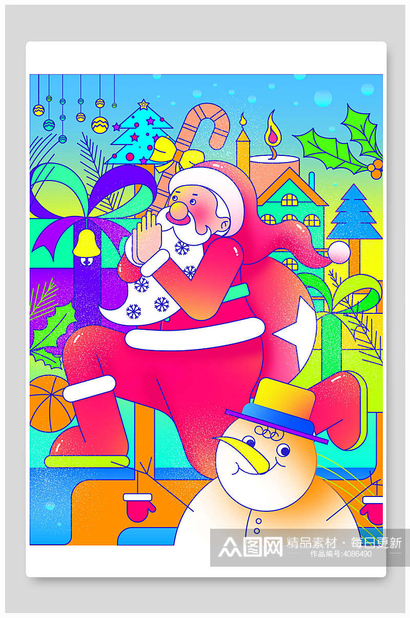 彩色树木雪人素雅高端圣诞节插画素材
