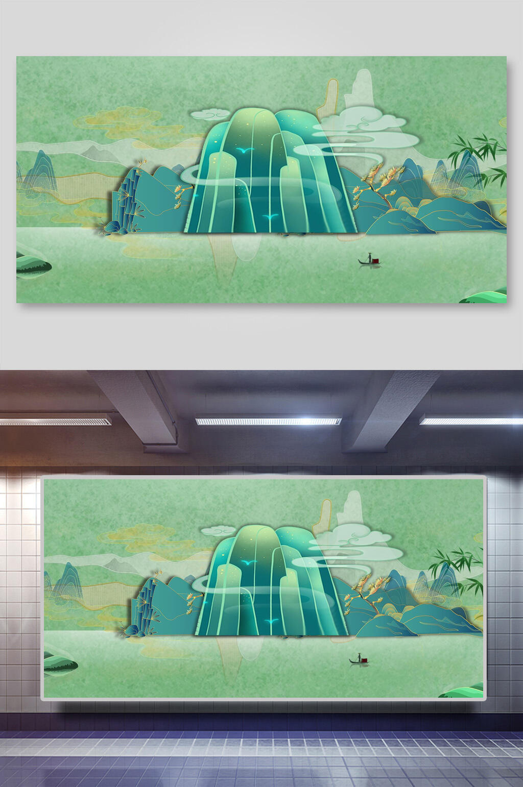 简约山峰绿新中式山水鎏金仙鹤素材素材