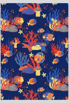 小鱼蓝黄创意高端古典印花图案素材