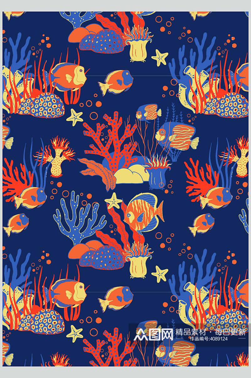 小鱼蓝黄创意高端古典印花图案素材素材