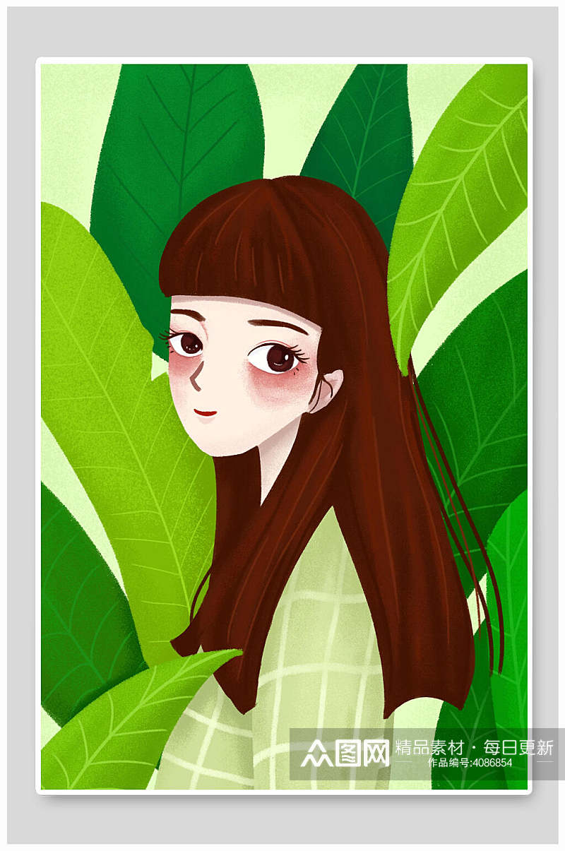 少女绿色叶子清新森系野外仙境插画素材