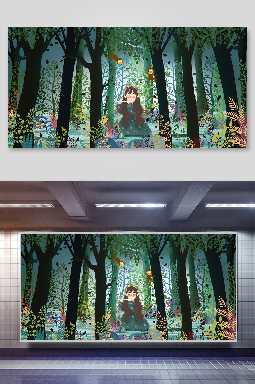树木少女黑绿清新森系野外仙境插画素材