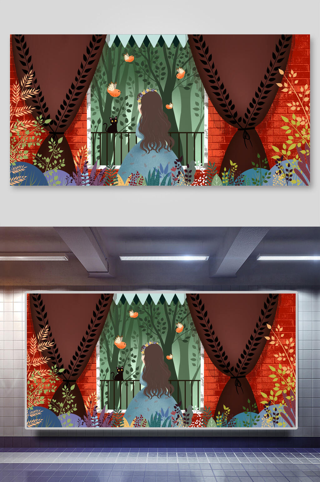 手绘少女素雅高端森系野外仙境插画素材