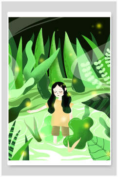 少女绿色高端素雅森系野外仙境插画