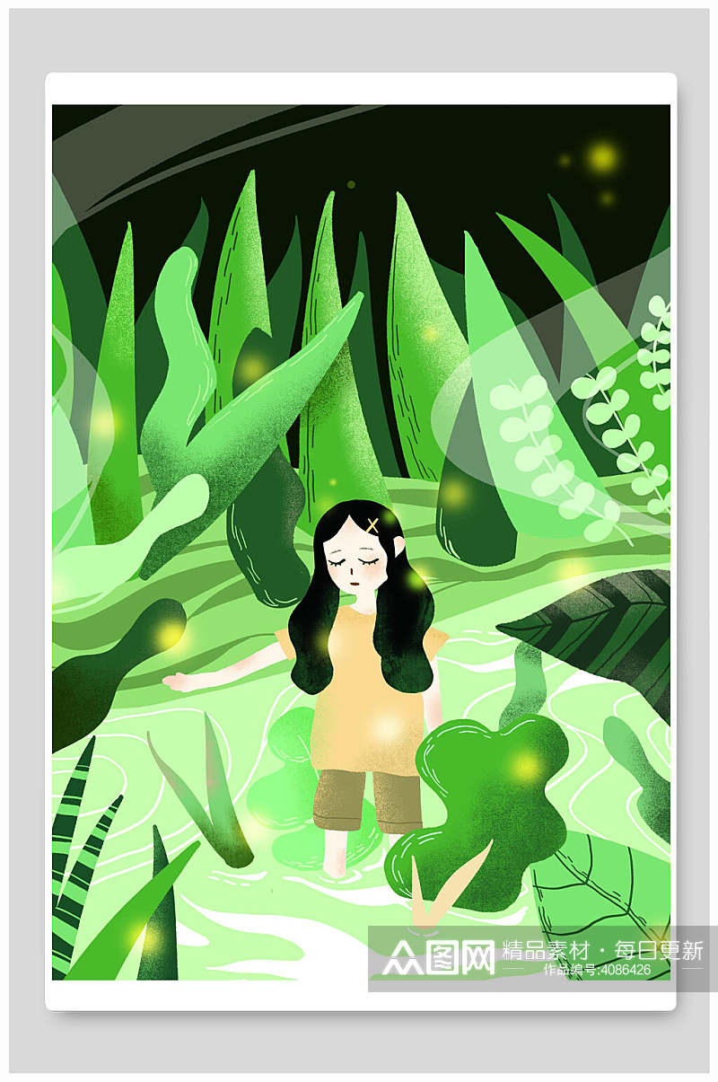 少女绿色高端素雅森系野外仙境插画素材