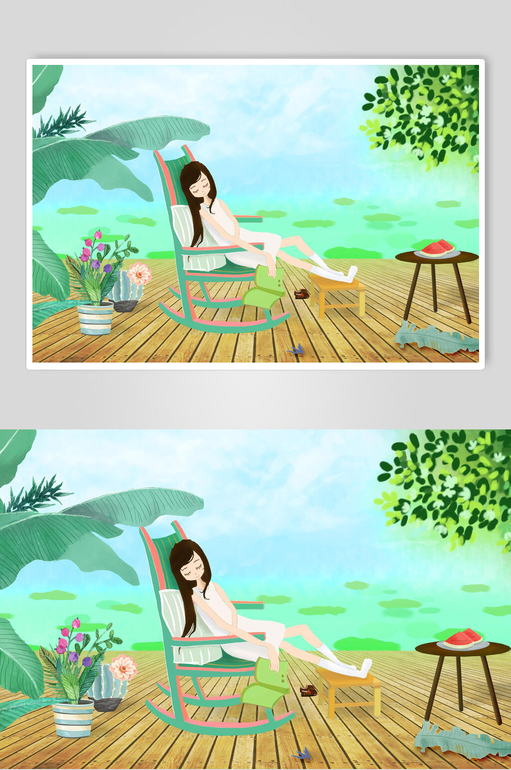 少女西瓜素雅植物森系野外仙境插画素材