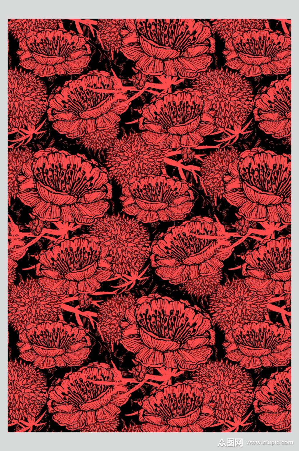 时尚唯美黑红简约古典印花图案素材素材