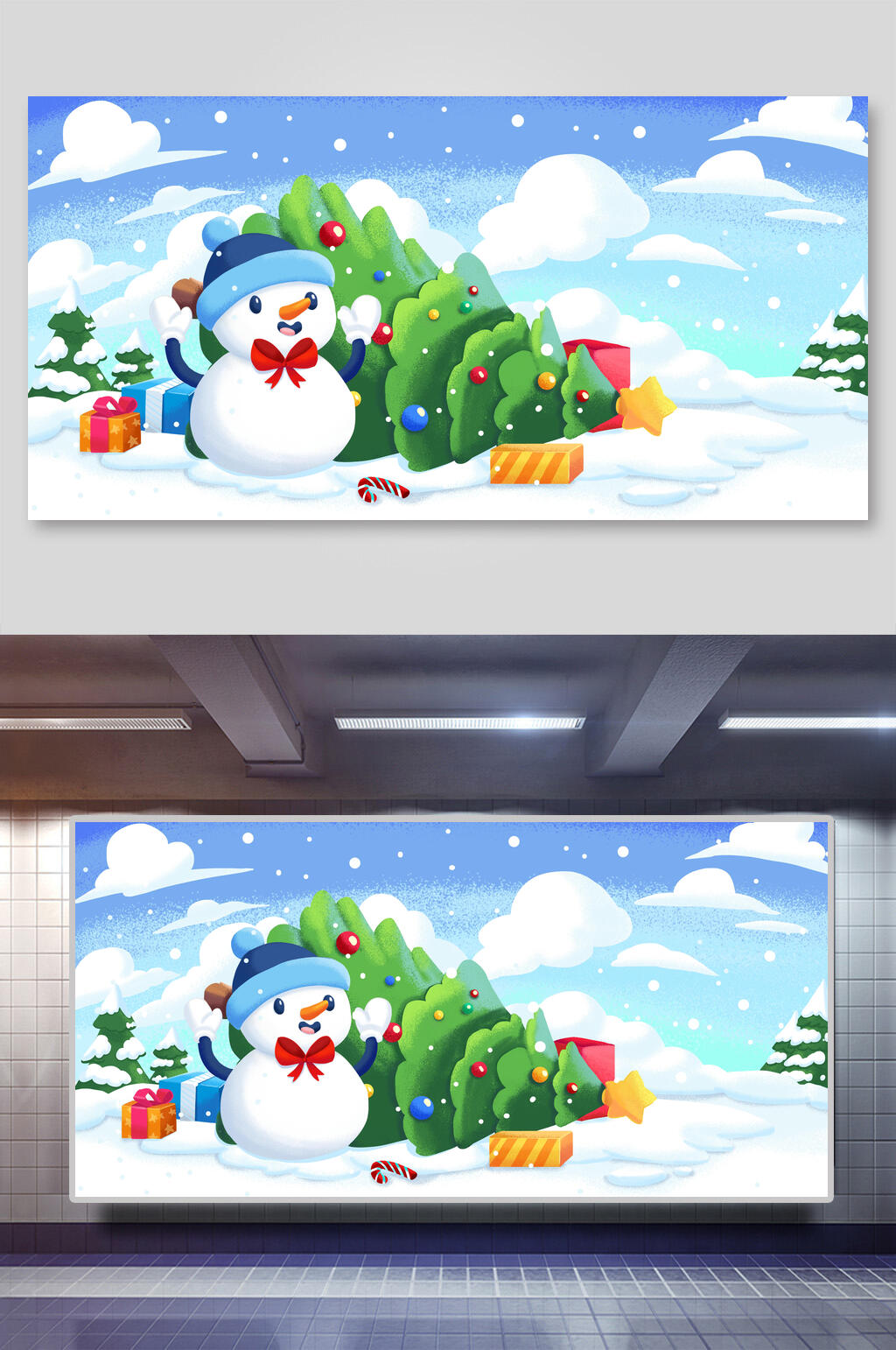 雪人树木云朵素雅高端圣诞节插画素材