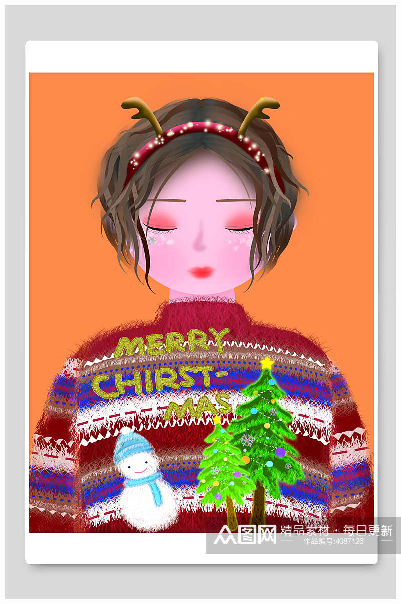 少女树木雪人素雅高端圣诞节插画素材
