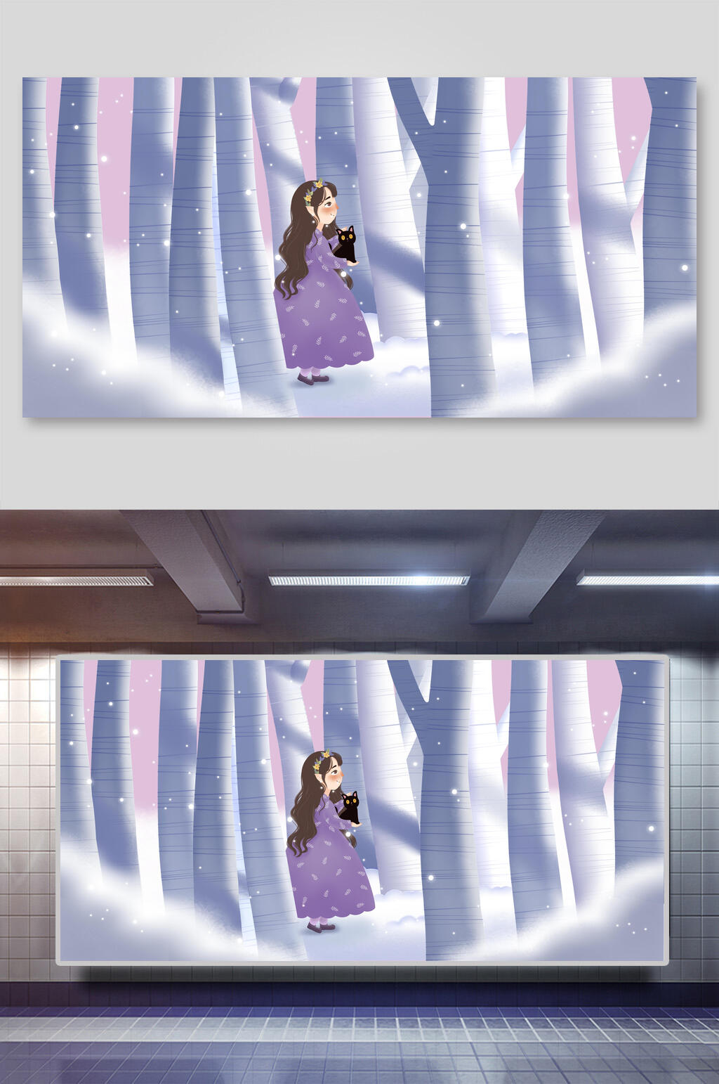 少女树木素雅高端森系野外仙境插画素材