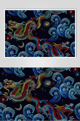 海浪黑蓝创意传统龙刺绣图腾素材